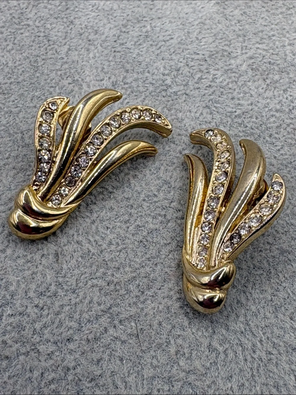 Vintage Gold Flame Style Post Back Earrings with Clear Crystals 1 1/4”